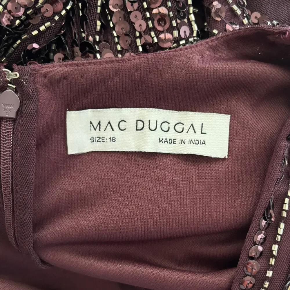 Mac Duggal Sequined Wrap Over Ruffled Cap Sleeve Gown Bu4gundy 16 NWT Style 5502